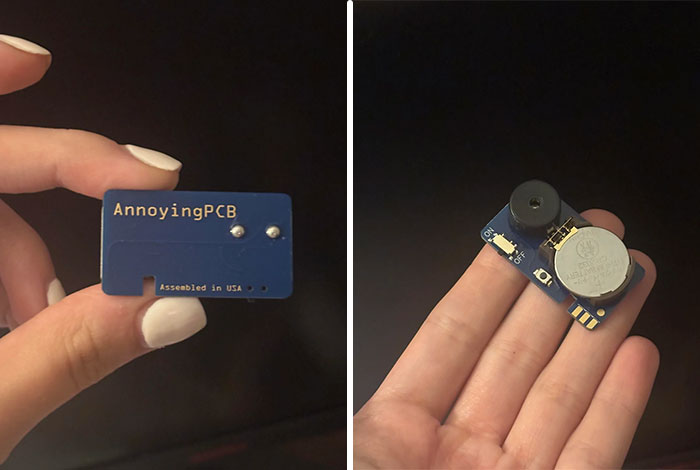 Hand holding a small hidden device with circuit board and battery found in closet by woman after boyfriend planted it as prank