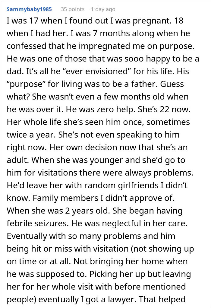 User story text about boyfriend tampering with girlfriend’s birth control and the consequences for their child. User story text about boyfriend tampering with girlfriend’s birth control and the consequences for their child.