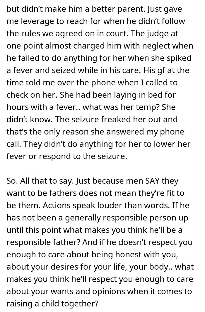 Text excerpt discussing boyfriend tampering with girlfriend’s birth control and consequences of pregnancy and responsibility. Text excerpt discussing boyfriend tampering with girlfriend’s birth control and consequences of pregnancy and responsibility.