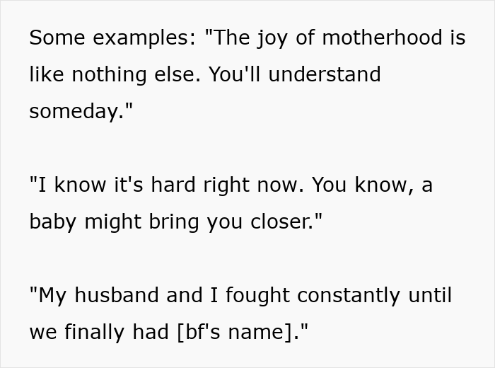 Text excerpt showing quotes about motherhood, pregnancy, and relationships mentioned by various speakers. Text excerpt showing quotes about motherhood, pregnancy, and relationships mentioned by various speakers.