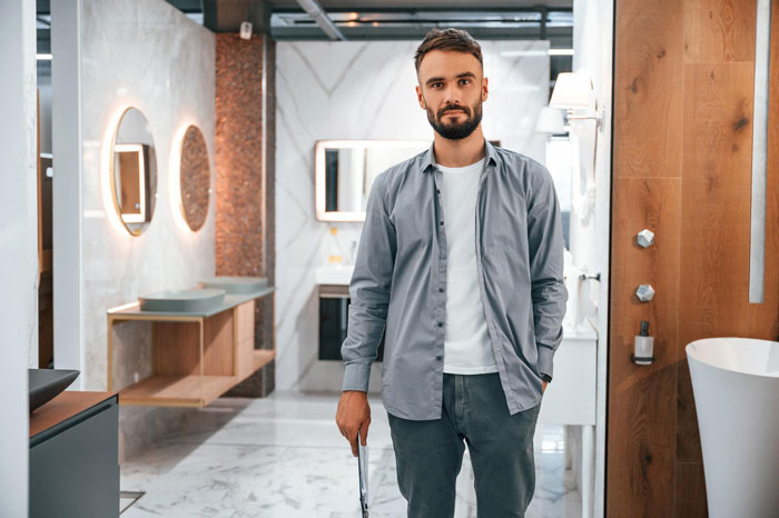 Man standing in a modern bathroom holding a clipboard, appearing thoughtful in a brother daughter family drama setting