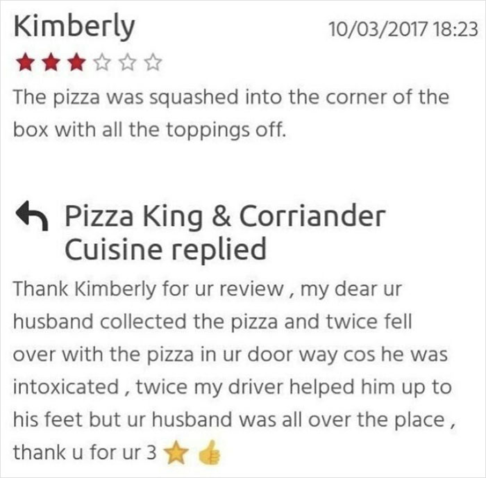 Customer review and brutal business comeback from Pizza King & Corriander Cuisine in response to a 3-star pizza complaint.