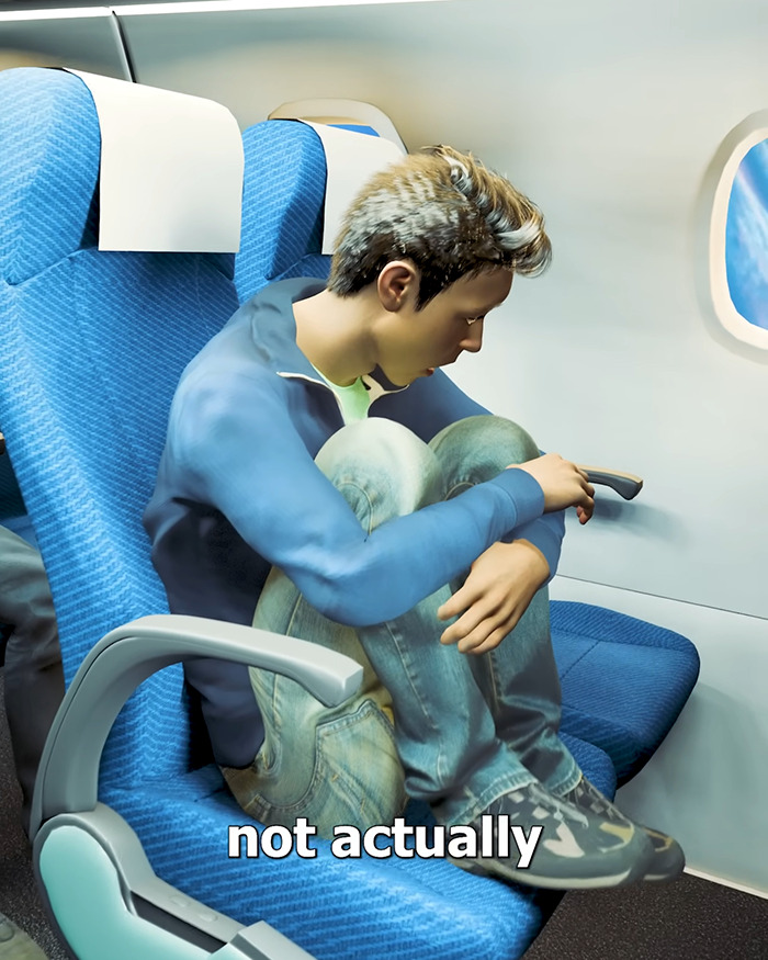 Passenger in plane crash simulation, sitting curled up in seat, demonstrating what not to do in an emergency situation. Passenger in plane crash simulation, sitting curled up in seat, demonstrating what not to do in an emergency situation.