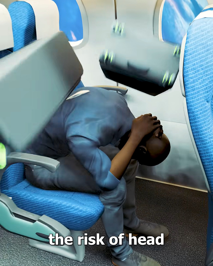 Man crouching in airplane seat during chilling plane crash simulation highlighting head injury risks in emergencies. Man crouching in airplane seat during chilling plane crash simulation highlighting head injury risks in emergencies.
