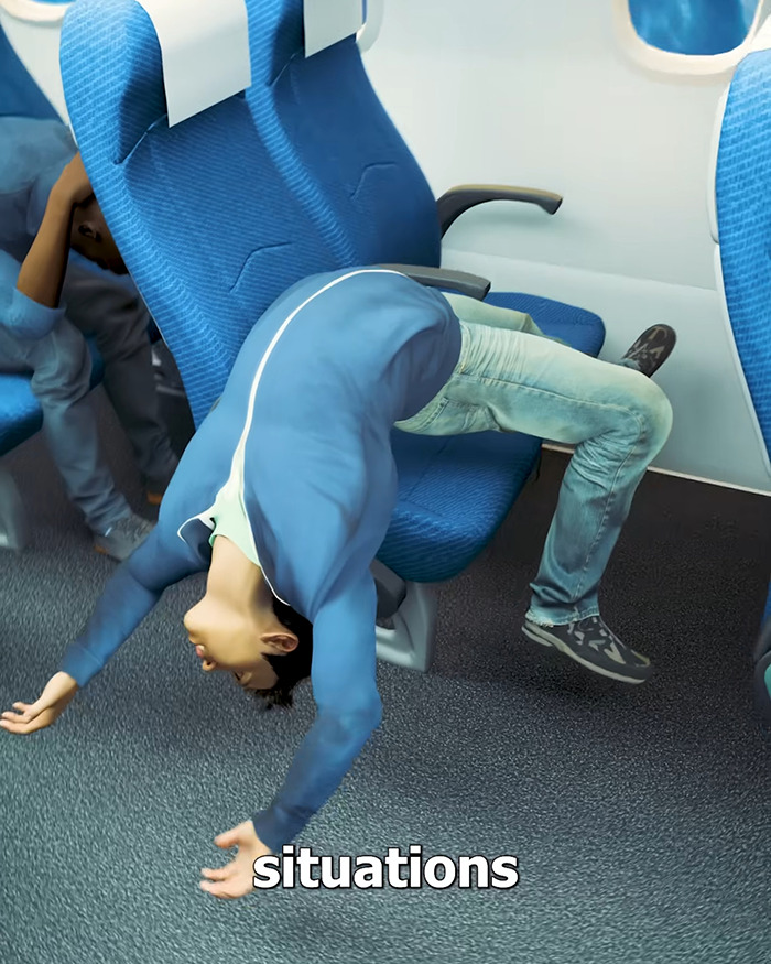 Passenger in a chilling plane crash simulation demonstrating unsafe behavior in an emergency situation inside an aircraft cabin. Passenger in a chilling plane crash simulation demonstrating unsafe behavior in an emergency situation inside an aircraft cabin.