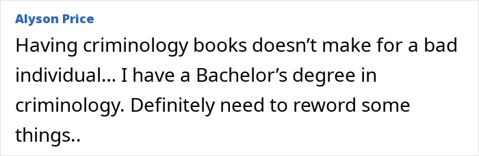 Comment by Alyson Price discussing criminology degree and perspective on individual behavior related to Idaho crimes and Bryan Kohberger case.