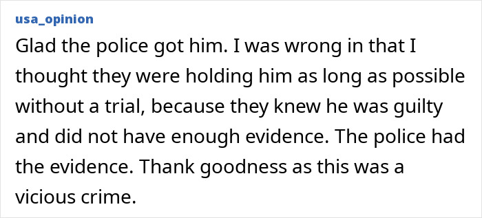 Comment from a user expressing relief over police arrest and evidence in Idaho crimes linked to Bryan Kohberger.