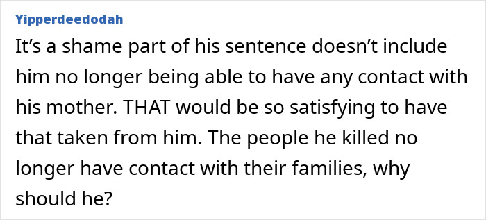 User comment expressing frustration over sentence not restricting Bryan Kohberger's contact with his mother after Idaho crimes discussed.