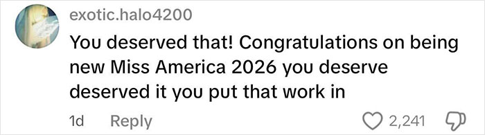 Comment on social media praising the newly crowned Miss America 2026 for her hard work and deserved win. Comment on social media praising the newly crowned Miss America 2026 for her hard work and deserved win.
