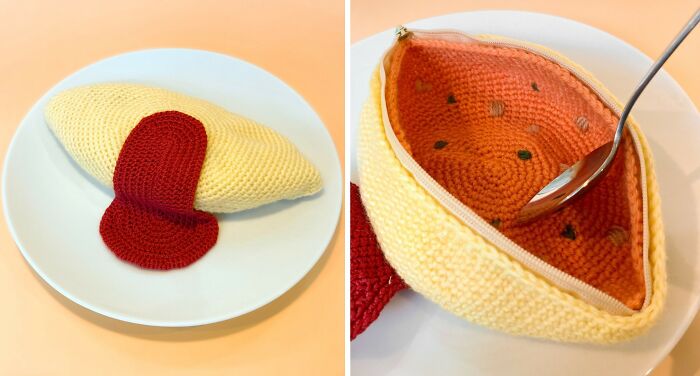 Crocheted realistic food-inspired accessory resembling an omelette with ketchup, showcasing Japanese fiber art craftsmanship.