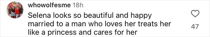 Screenshot of a social media comment praising Selena Gomez’s happiness after wedding, related to mom being snubbed. Screenshot of a social media comment praising Selena Gomez’s happiness after wedding, related to mom being snubbed.