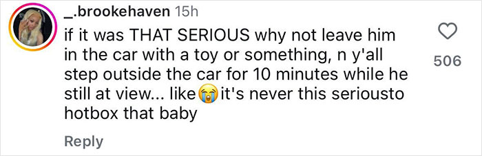 Instagram comment discussing the serious concerns about hotboxing a car with a toddler inside.