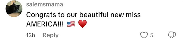 Comment congratulating the newly crowned Miss America with patriotic emojis on social media post. Comment congratulating the newly crowned Miss America with patriotic emojis on social media post.