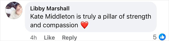 Comment praising Kate Middleton as a pillar of strength and compassion with a heart emoji.