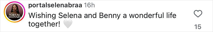 Comment on Instagram from portalselenabraa wishing Selena and Benny a wonderful life together, related to Selena Gomez's mom being snubbed. Comment on Instagram from portalselenabraa wishing Selena and Benny a wonderful life together, related to Selena Gomez's mom being snubbed.