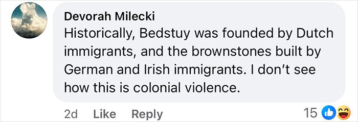Screenshot of a social media comment discussing historical immigration in Bedstuy amid Brooklyn midwife&rsquo;s dice game safety concerns.