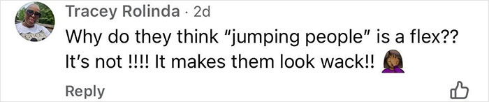 Comment from Tracey Rolinda questioning the idea of jumping people as a flex, calling it wack and criticizing the behavior.