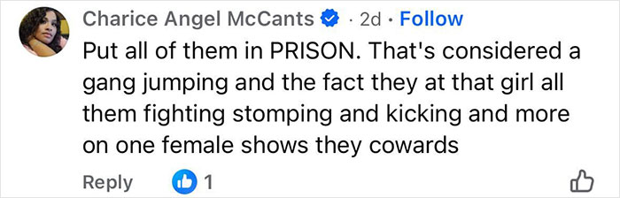 Facebook comment by Charice Angel McCants condemning gang violence against a female Walmart employee in a viral video.