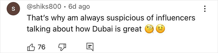 Screenshot of a social media comment expressing suspicion about influencers promoting Dubai, referencing port potty parties controversy.