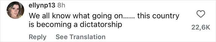 Comment on social media expressing concern about the country becoming a dictatorship, with 22.6K likes.