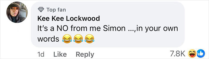 Comment from top fan Kee Kee Lockwood reacting to Simon Cowell after bike accident, showing concern and humor from fans.