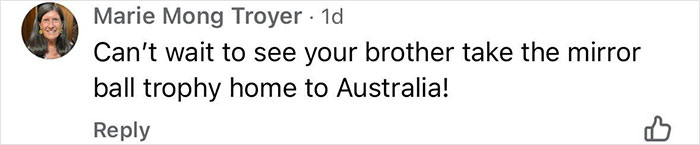 Screenshot of social media comment expressing excitement about bringing a mirror ball trophy home to Australia. Screenshot of social media comment expressing excitement about bringing a mirror ball trophy home to Australia.