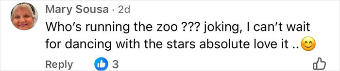 Comment from Mary Sousa expressing excitement about dancing with the stars and joking about running the zoo, with a smiling emoji. Comment from Mary Sousa expressing excitement about dancing with the stars and joking about running the zoo, with a smiling emoji.