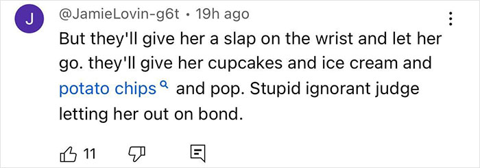 User comment criticizing judge for lenient bond release in newborn closet case, mentioning cupcakes and potato chips.