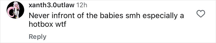 Social media comment criticizing a couple for hotboxing in a car with a 2-year-old boy in the backseat.