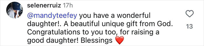 Screenshot of an Instagram comment praising Selena Gomez's mom and congratulating her on raising a wonderful daughter. Screenshot of an Instagram comment praising Selena Gomez's mom and congratulating her on raising a wonderful daughter.