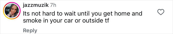 Screenshot of a social media comment discussing the act of smoking in a car, related to hotboxing incidents.