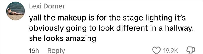 Comment defending newly crowned Miss America’s makeup for stage lighting, highlighting differences in hallway appearance. Comment defending newly crowned Miss America’s makeup for stage lighting, highlighting differences in hallway appearance.