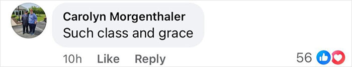 Comment on social media reading such class and grace in black text on a white background with profile photo and reaction icons.