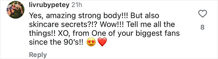 Fan praising 51-year-old 90s star&rsquo;s toned body and fitness secrets in a supportive social media comment.