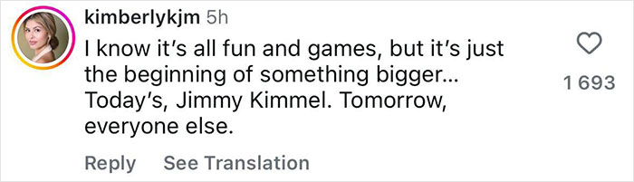 Social media post by Kimberly K showing comment on Jimmy Kimmel's show suspension saying it's just the beginning of something bigger.