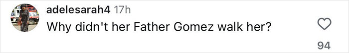 Comment on social media questioning why Father Gomez did not walk Selena Gomez at her wedding, relating to her mom being snubbed. Comment on social media questioning why Father Gomez did not walk Selena Gomez at her wedding, relating to her mom being snubbed.