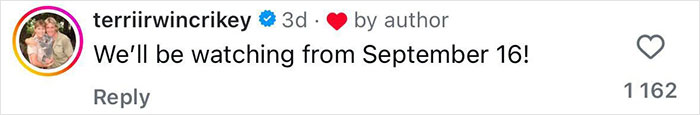 Screenshot of a social media comment from Terri Irwin about watching a show starting September 16, related to Bindi Irwin leaving Australia. Screenshot of a social media comment from Terri Irwin about watching a show starting September 16, related to Bindi Irwin leaving Australia.