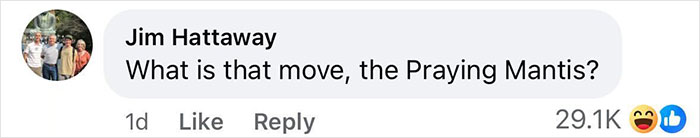Comment on social media post asking about the move called Praying Mantis, highlighting viral clip and Simon Cowell bike accident concerns.