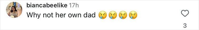 Comment saying Why not her own dad with crying face emojis, related to Selena Gomez's mom snub at wedding. Comment saying Why not her own dad with crying face emojis, related to Selena Gomez's mom snub at wedding.