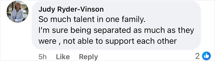 Comment by Judy Ryder-Vinson discussing family talent and challenges in supporting each other during separation.