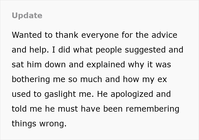 Update text about confronting boyfriend convinced they took an art class together despite her no memory of it.