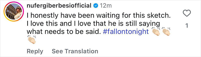 Instagram comment praising a sketch on fallontonight, highlighting Jimmy Fallon breaking his silence on Jimmy Kimmel suspension.