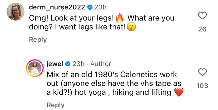 Comments exchange about fitness routines, mentioning 1980s Calisthenics, hot yoga, hiking, and lifting for a toned body.