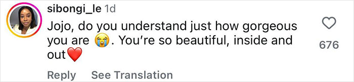 Instagram comment praising JoJo Siwa&rsquo;s beauty after sharing her gold mini dress look and marriage plans.