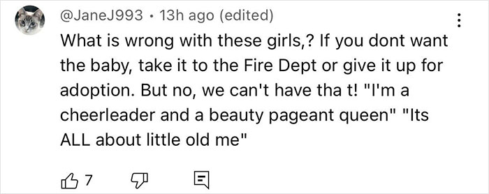 Social media comment criticizing a cheerleader involved in newborn closet case, discussing beauty pageant and adoption.