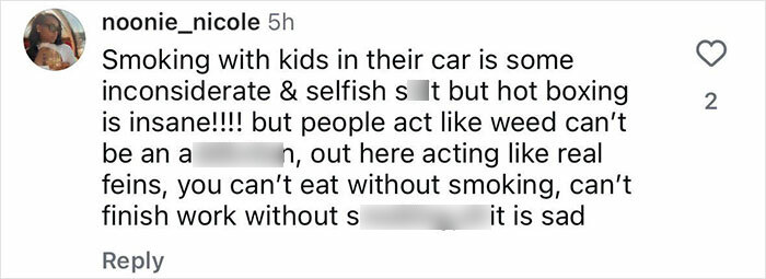 Comment condemning a couple for hotboxing a car with a 2-year-old boy, highlighting selfish behavior.