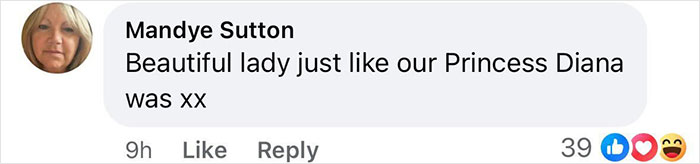 Screenshot of a Facebook comment praising a woman, comparing her to Princess Diana, with likes and reactions visible.