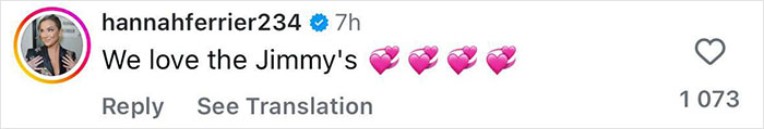 Hannah Ferrier showing support for Jimmy Fallon and Jimmy Kimmel with heart emojis in a social media comment.
