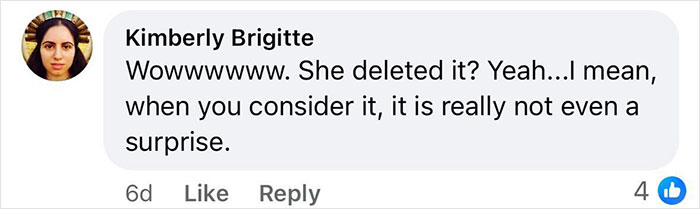 Comment by Kimberly Brigitte expressing surprise about a deleted post related to Brooklyn midwife&rsquo;s dice game club.