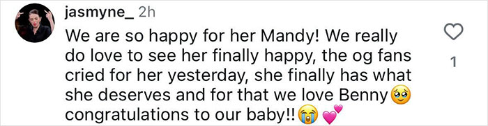 Comment from social media user expressing happiness for Mandy and congratulating Benny, related to Selena Gomez's mom snub at wedding. Comment from social media user expressing happiness for Mandy and congratulating Benny, related to Selena Gomez's mom snub at wedding.